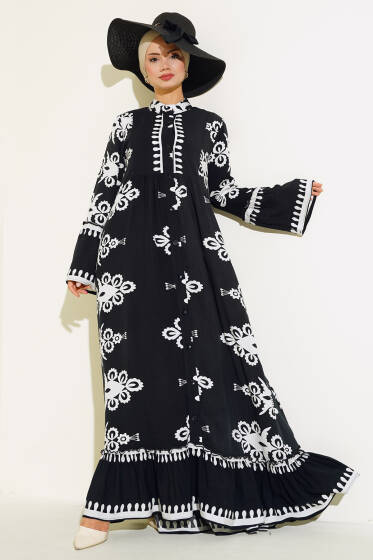 Etnik Desen Düğmeli Salaş Elbise Siyah - Elbise