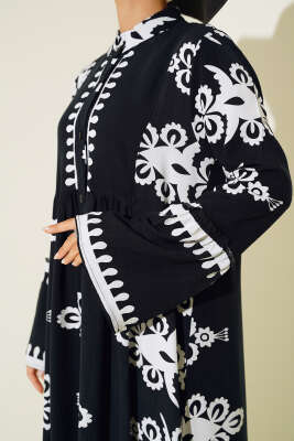 Etnik Desen Düğmeli Salaş Elbise Siyah - Tesettür Elbise