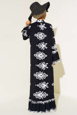 Etnik Desen Düğmeli Salaş Elbise Siyah - Tesettür Elbise