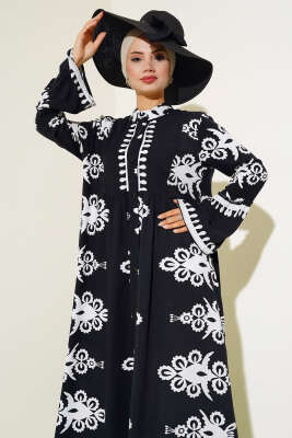 Etnik Desen Düğmeli Salaş Elbise Siyah - Tesettür Elbise