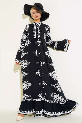 Etnik Desen Düğmeli Salaş Elbise Siyah 