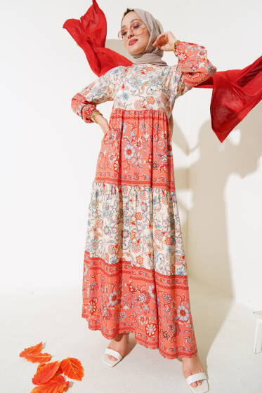 Etnik Desen Elbise Bej - Elbise