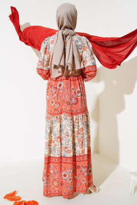 Etnik Desen Elbise Bej - Tesettür Elbise