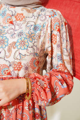 Etnik Desen Elbise Bej - Tesettür Elbise