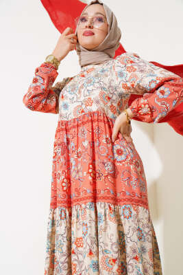 Etnik Desen Elbise Bej - Tesettür Elbise