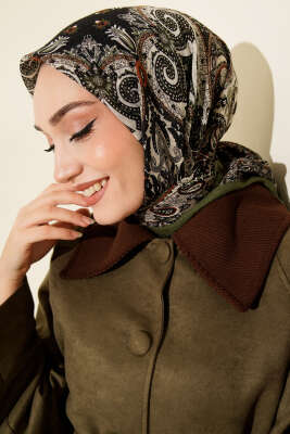 Etnik Desen Flamu Cotton Eşarp Haki 