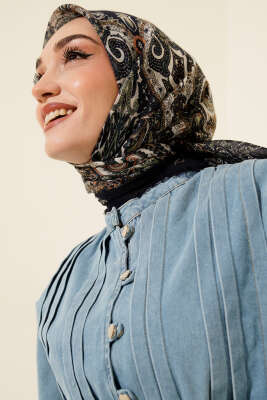 Etnik Desen Flamu Cotton Eşarp Lacivert - Başörtüsü