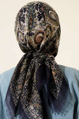 Etnik Desen Flamu Cotton Eşarp Lacivert - Başörtüsü