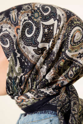 Etnik Desen Flamu Cotton Eşarp Lacivert - Günün Seçilenleri