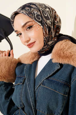 Etnik Desen Flamu Cotton Eşarp Lacivert Taba 