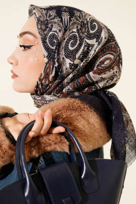 Etnik Desen Flamu Cotton Eşarp Lacivert Taba - Günün Seçilenleri