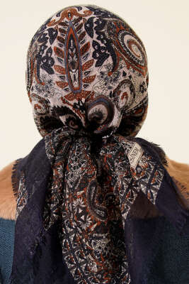 Etnik Desen Flamu Cotton Eşarp Lacivert Taba - Günün Seçilenleri