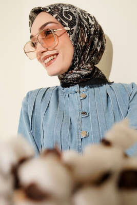 Etnik Desen Flamu Cotton Eşarp Siyah Kahve - SİNEM EŞARP