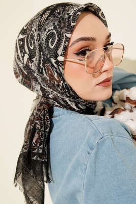 Etnik Desen Flamu Cotton Eşarp Siyah Kahve - Başörtüsü