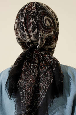Etnik Desen Flamu Cotton Eşarp Siyah Kahve - Başörtüsü