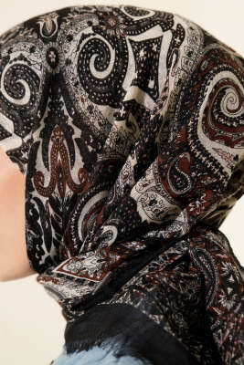 Etnik Desen Flamu Cotton Eşarp Siyah Kahve - Günün Seçilenleri