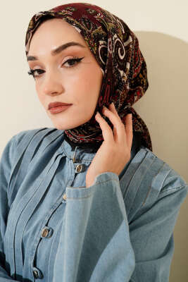 Etnik Desen Flamu Cotton Eşarp Siyah Kırmızı - Başörtüsü