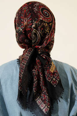 Etnik Desen Flamu Cotton Eşarp Siyah Kırmızı - Başörtüsü