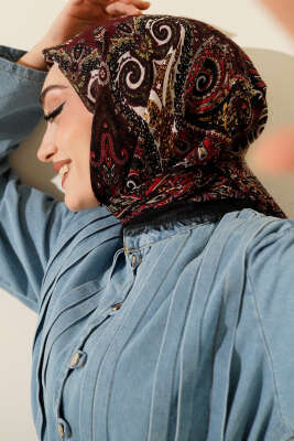 Etnik Desen Flamu Cotton Eşarp Siyah Kırmızı 