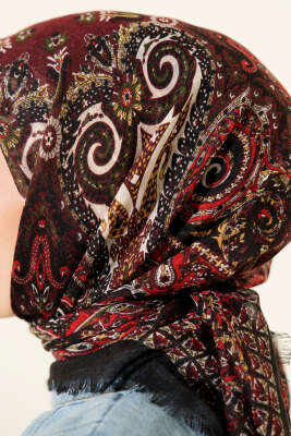 Etnik Desen Flamu Cotton Eşarp Siyah Kırmızı - Günün Seçilenleri