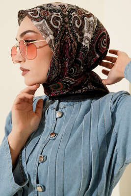 Etnik Desen Flamu Cotton Eşarp Siyah Yeşil - Başörtüsü