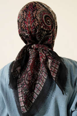 Etnik Desen Flamu Cotton Eşarp Siyah Yeşil - Başörtüsü