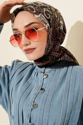 Etnik Desen Flamu Cotton Eşarp Siyah Yeşil 