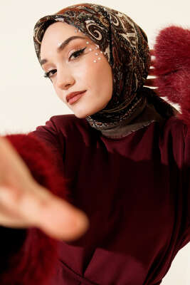 Etnik Desen Flamu Cotton Eşarp Vizon 