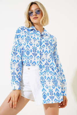 Etnik Desen Gömlek Saks - Kadın Giyim Modelleri