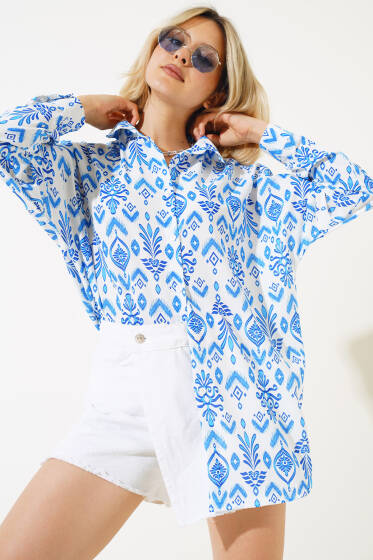 Etnik Desen Gömlek Saks - Yeni Giyim