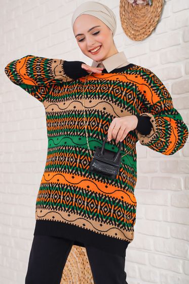 Etnik Desen Kadın Hardal Tunik - Tunik