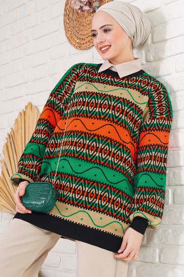 Etnik Desen Kadın Yeşil Tunik - Tunik