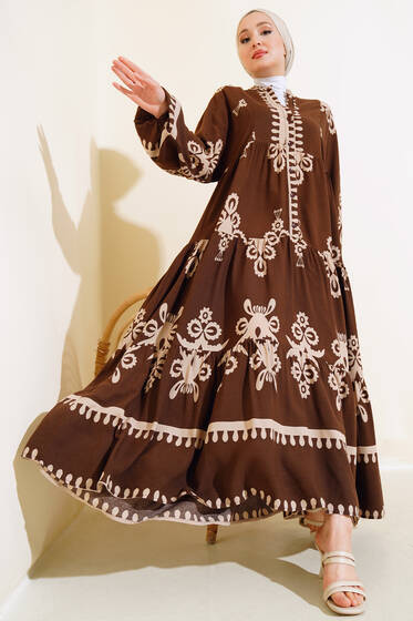 Etnik Desen Kat Elbise Kahve - Elbise