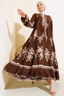 Etnik Desen Kat Elbise Kahve 