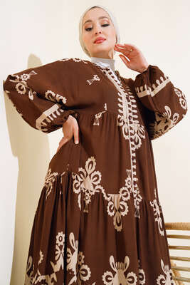 Etnik Desen Kat Elbise Kahve - Tesettür Elbise