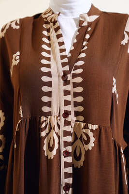 Etnik Desen Kat Elbise Kahve - Tesettür Elbise