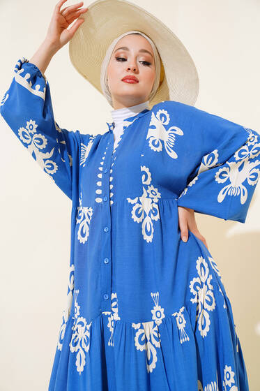 Etnik Desen Kat Elbise Mavi - Elbise