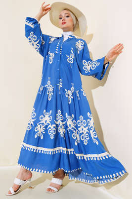 Etnik Desen Kat Elbise Mavi - Tesettür Elbise