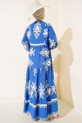 Etnik Desen Kat Elbise Mavi - Tesettür Elbise