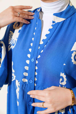 Etnik Desen Kat Elbise Mavi - Tesettür Elbise