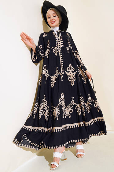 Etnik Desen Kat Elbise Siyah - Elbise
