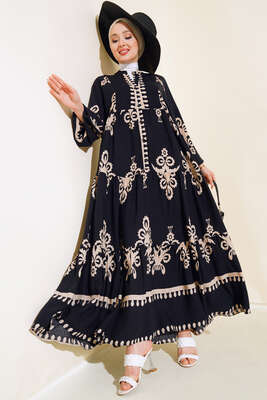 Etnik Desen Kat Elbise Siyah 