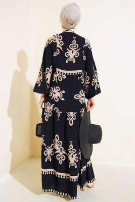 Etnik Desen Kat Elbise Siyah - Tesettür Elbise