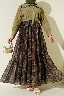 Etnik Desen Katlı Şifon Etek Haki - VAV TEKSTİL