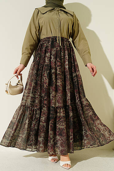 Etnik Desen Katlı Şifon Etek Haki - Etek