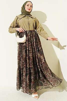 Etnik Desen Katlı Şifon Etek Haki - Etek