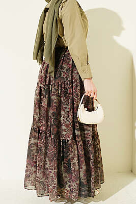 Etnik Desen Katlı Şifon Etek Haki - Etek