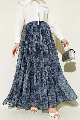 Etnik Desen Katlı Şifon Etek İndigo - VAV TEKSTİL