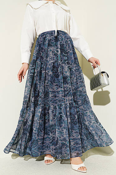 Etnik Desen Katlı Şifon Etek İndigo - Etek