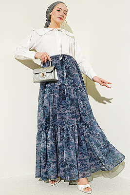 Etnik Desen Katlı Şifon Etek İndigo - Etek